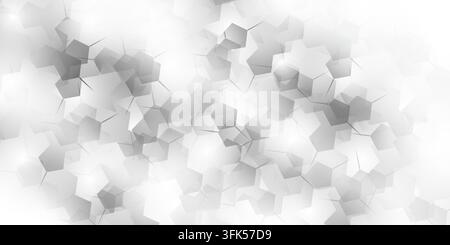 Monochrome abstract technological background featuring overlapping translucent hexagons with soft light flares in shades of white and gray. Stock Photo