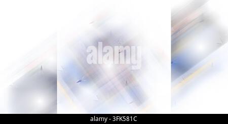 Minimalist digital abstract artwork featuring intersecting diagonal lines, glowing light spots, and delicate blue and grey hues against a white backgr Stock Photo
