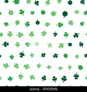 Seamless pattern of green shamrocks and four-leaf clovers on white. Repeats endlessly for wrapping paper, textile, cards and web. Vector illustration. Stock Vector