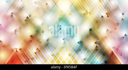 A vibrant, multi-colored abstract background featuring intersecting diagonal lines and scattered triangular particles with a glowing, dynamic effect. Stock Photo