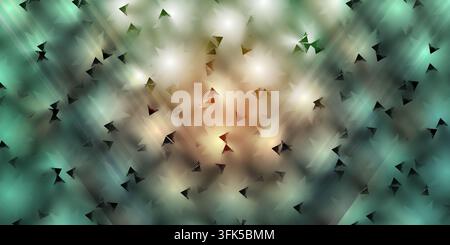 A complex abstract background blending dark green and orange tones, featuring a textured overlay of small dark triangular shapes and bright light spot Stock Photo
