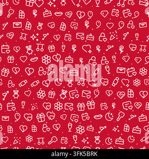 Valentine's Day and love background. Seamless repeating pattern of simple line icons (heart, hearts, broken heart, heart handshake, love letter, gift, Stock Vector