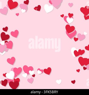 Flat Valentine's Day background with scattered hearts in red, pink and white and empty copy space for your text. For greeting cards, invitations, bann Stock Vector