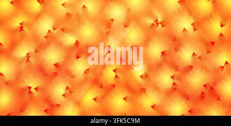 An abstract background featuring a vibrant orange and yellow gradient with a repeating pattern of small, textured red triangular shapes and light flar Stock Photo