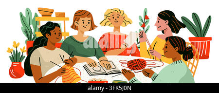 Craft night creative community meetup creative hobby group of women knitting drawing making crafts together cozy home plants colorful table Stock Vector