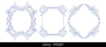 Flowers with leaves and swirls on a flower frame. Vector illustration. A set of ka wreaths for wedding invitations, greeting cards and borders, page Stock Vector