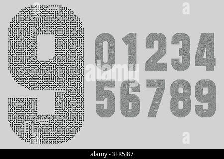 Technology themed number set with circuit board pattern digits from zero to nine for digital branding. Stock Vector