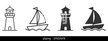 Minimalist nautical icons: lighthouse and sailboat designs Stock Vector
