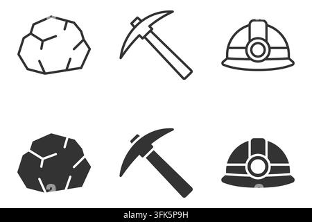 Mining equipment and rock icon set: pickaxe, helmet, and stone illustrations Stock Vector