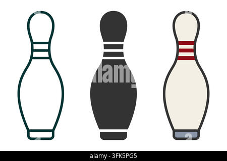 Illustration of three bowling pins: outline, solid black, and colored design Stock Vector