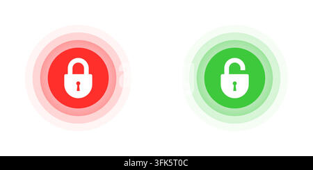 Vector illustration of lock icons in red and green circles, representing locked and unlocked states. Perfect for security, access control, and privacy Stock Vector