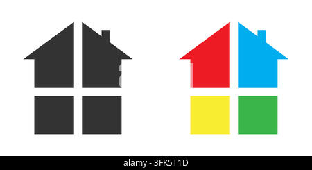 Vector illustration of two house icons, one in monochrome and the other in vibrant colors, symbolizing real estate and home design Stock Vector
