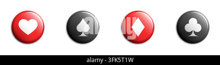 Vector illustration of playing card suit buttons in red and black, perfect for gaming and entertainment designs Stock Vector