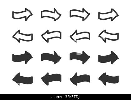 Vector icons of arrows pointing left and right in various styles, including outline and filled. Perfect for navigation, directions, and UI elements Stock Vector