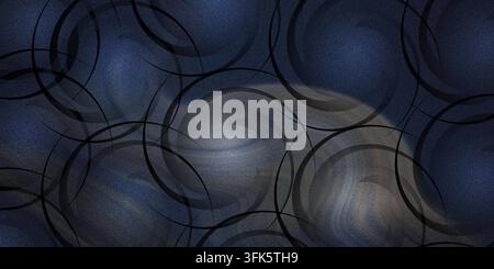 Dark abstract background featuring deep blue textured surfaces, black overlapping circular patterns, and subtle light swirls. Stock Photo