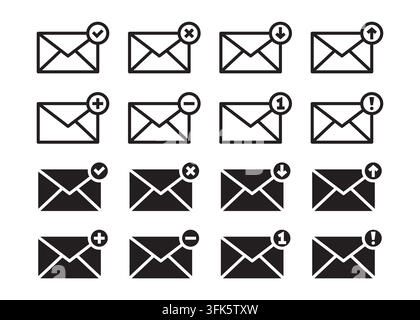 Envelope icons with various notifications, such as checkmarks, alerts, and download symbols in different styles. Vector illustration Stock Vector