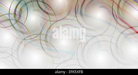 An intricate abstract background featuring numerous faint grey overlapping circles and delicate, subtle streaks of multicolored light drifting across Stock Photo