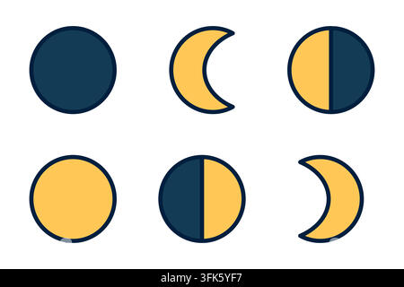 A series of six different colored circles, each with a yellow and blue half moon in the center. The circles are arranged in a row. vector. Stock Vector