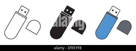 Usb flash drive designs: outline, solid, and colored variants Stock Vector