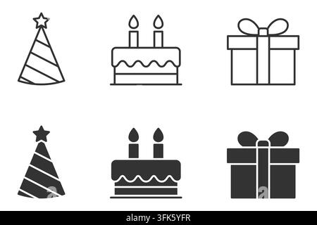 Party icons: hat, cake, gift box - celebration symbols and decorations Stock Vector