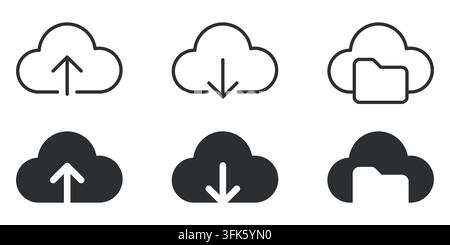 Cloud upload and download icons with folders: 6 minimalist designs Stock Vector