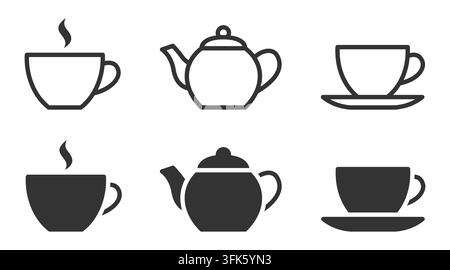 Minimalist tea and coffee set icons featuring cups and teapots in black and white Stock Vector
