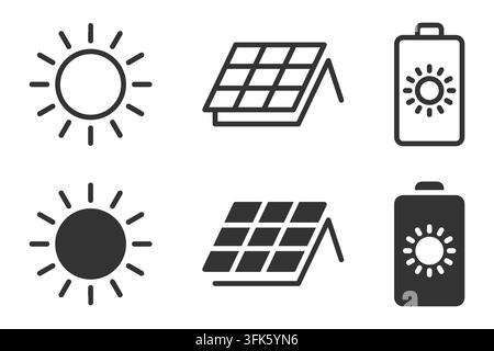 Solar energy icons: sun, solar panels, battery charging symbols Stock Vector