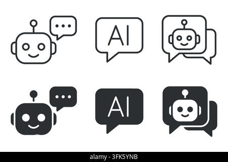 Abstract ai robot icon set with speech bubbles in black and white Stock Vector