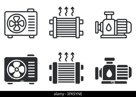 Industrial hvac system components: fan, heat exchanger, pump icons Stock Vector
