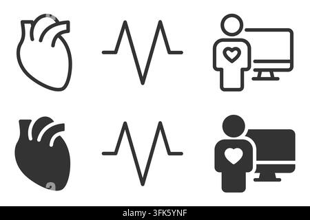 Heart and cardiovascular health symbols with heartbeat and medical monitoring icons Stock Vector