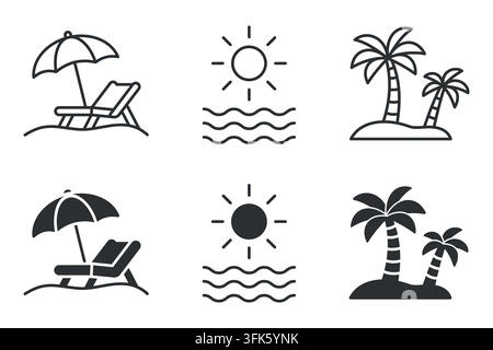 Beach icons set: umbrella, sun, waves, palm trees Stock Vector