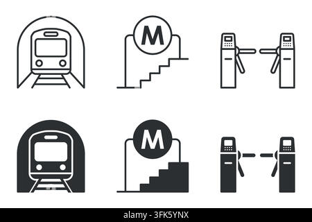 Subway icons set featuring train, entrance, and turnstile Stock Vector