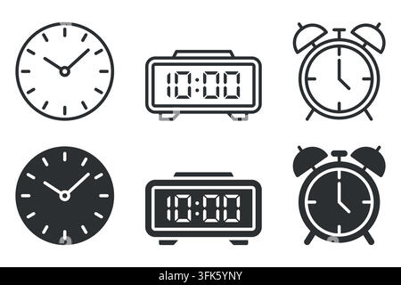 Collection of analog and digital clocks with various time displays Stock Vector