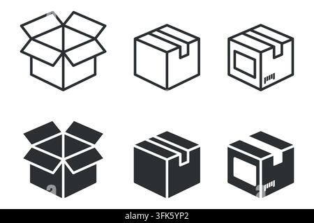 Set of six carton box icons in open and closed styles Stock Vector