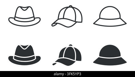 Set of six iconic hat silhouettes: fedora, cap, bucket hat designs Stock Vector