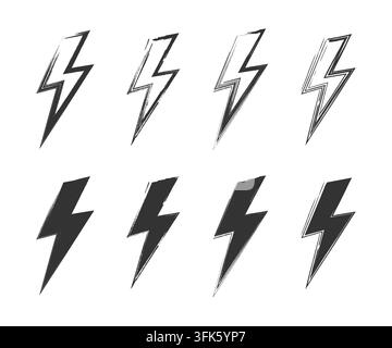 Collection of eight stylized black and white lightning bolt icons Stock Vector