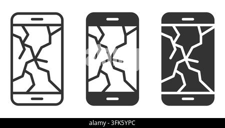 Cracked smartphone screens: black and white icon set illustrating device damage Stock Vector