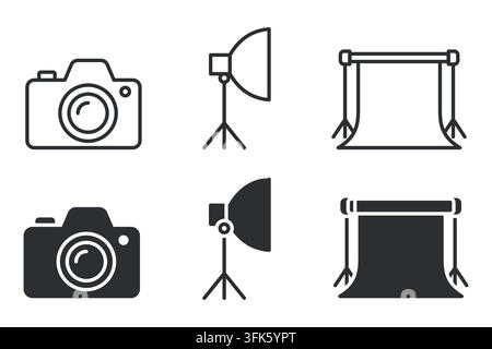 Camera lighting equipment and backdrop icon set for photography studios Stock Vector