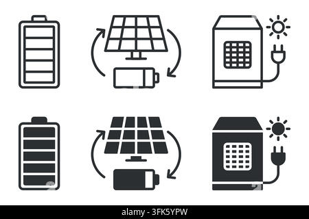 Renewable energy icons: battery, solar panels, eco power symbols Stock Vector