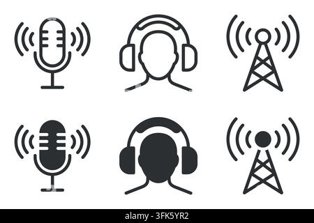 Microphone, headphones, and radio tower icons for audio and broadcasting Stock Vector