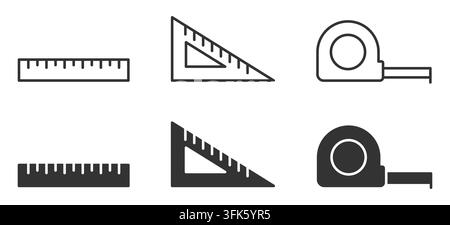 Set of ruler triangle and tape measure icons in black and white Stock Vector