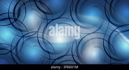 An energetic abstract blue background featuring interlocking dark circular patterns, textured gradients, and bright glowing light effects. Stock Photo