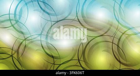 An abstract textured background featuring a dynamic pattern of overlapping circles, swirls, and soft glowing light spots in shades of blue and green. Stock Photo