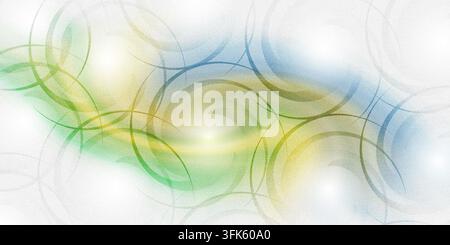 An abstract background featuring swirling circular lines and a soft gradient blend of green, yellow, and blue, isolated on a white background. Stock Photo