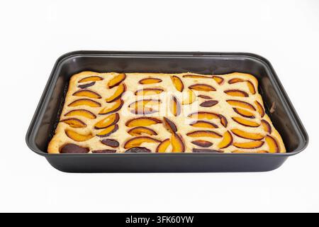 Homemade Plum Cake Baked in a Rectangular Pan on White Stock Photo