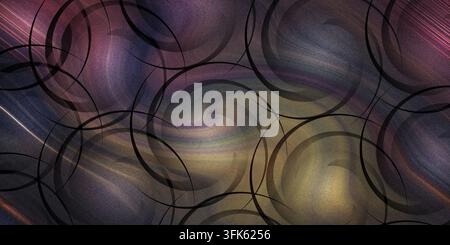 An abstract artistic design with a dark textured background blending purple, gold, and blue tones, accented by overlapping black circular lines. Stock Photo