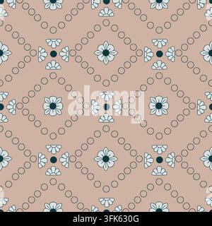 Seamless classical trellis pattern with floral motifs in dotted diamond frames on dusty blush background. Ornamental heritage vector pattern for Stock Vector