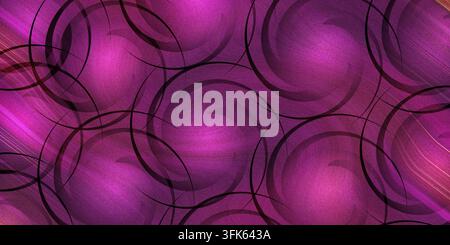 A vibrant magenta abstract artwork with textured glowing spheres and intricate black circular line patterns creating depth and motion. Stock Photo