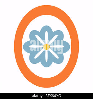 A flower with a yellow center and blue petals is in the center of an orange circle. The circle is white and has a blue border Stock Vector