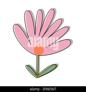 A pink flower with a green stem and leaves. The flower is drawn in a cartoon style with a hand-like shape Stock Vector